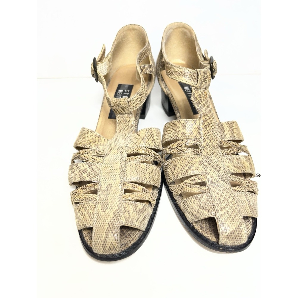 Stuart Weitzman Snakeskin Fisherman Sandals Block Heel T-Strap Designer Shoe 7.5